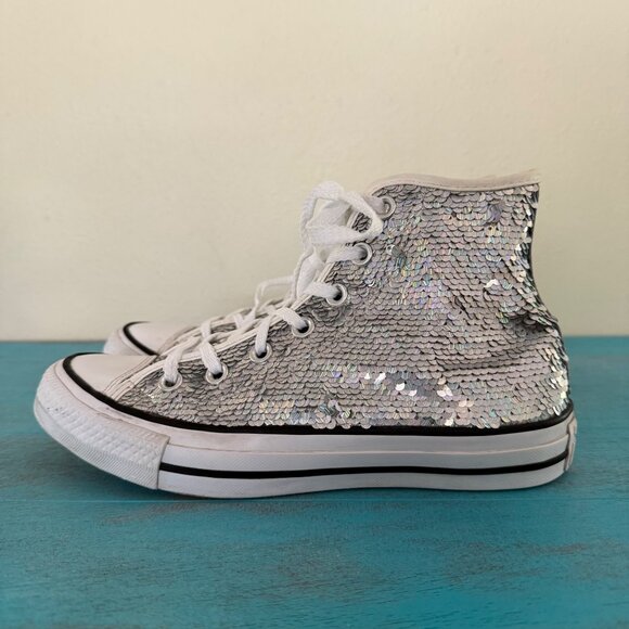 Converse Silver Sequin Chuck Taylor All Star High Top Sneakers Size 7 Womens - Picture 4 of 11